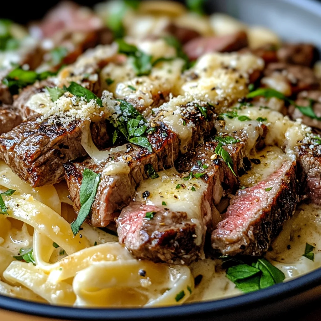 Steak and Creamy Garlic Parmesan Pasta