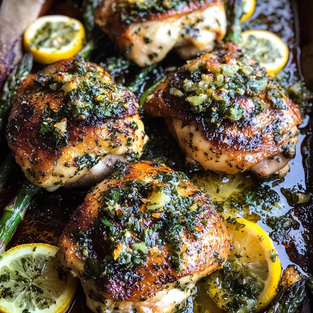 Garlic Butter Roasted Chicken Thighs with Charred Lemon Salsa Verde + Asparagus.