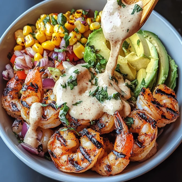 Grilled Shrimp Bowl with Avocado, Corn Salsa & Creamy Garlic Sauce