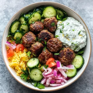 Gyro Bowls (Meatballs with Tzatziki, Lemon Rice, and Cucumber Salad)