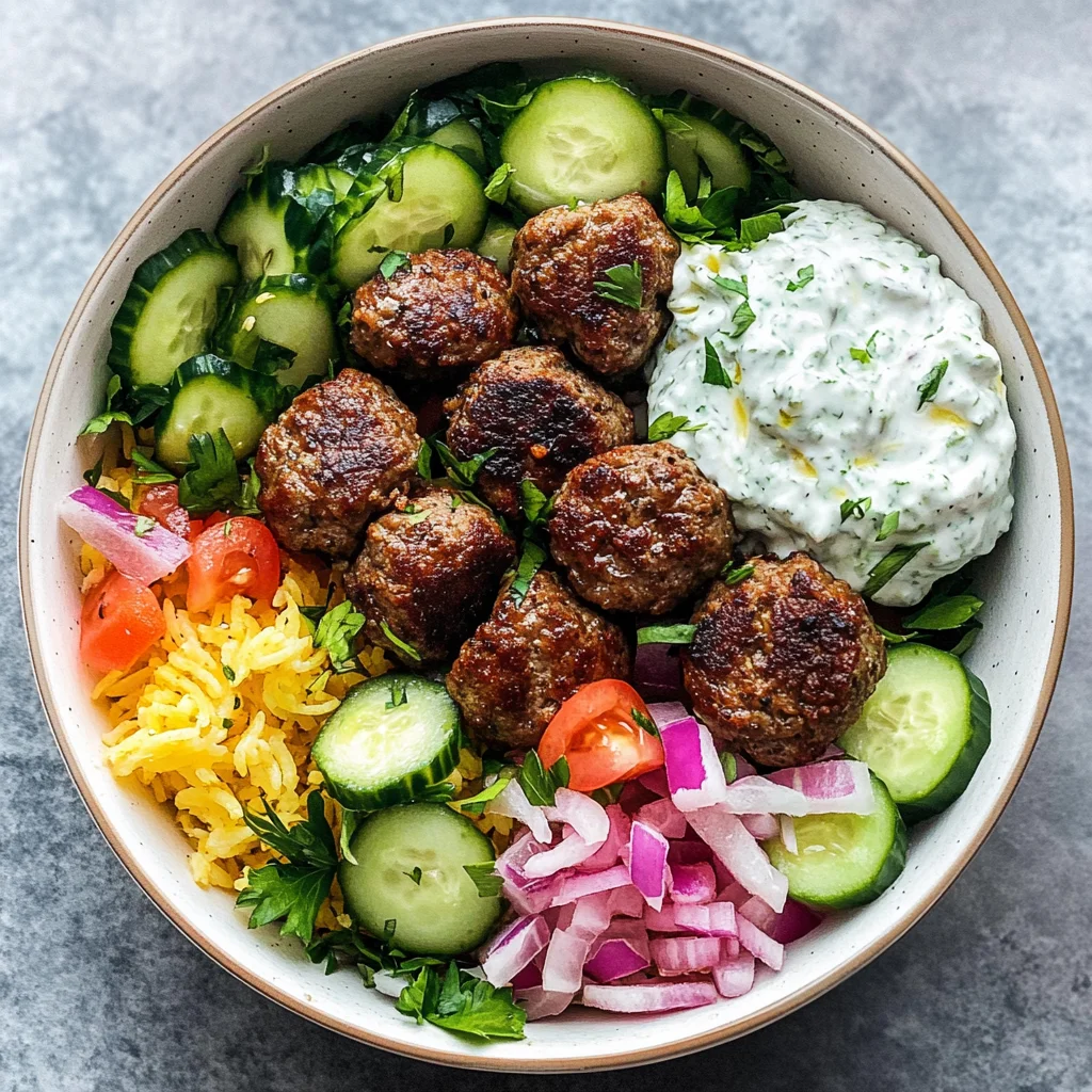 Gyro Bowls (Meatballs with Tzatziki, Lemon Rice, and Cucumber Salad)