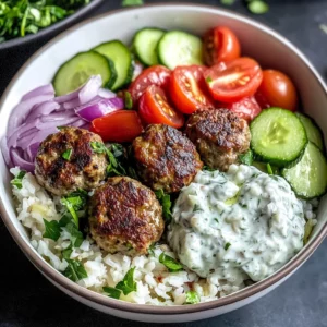 Greek Meatball Bowl with Tzatziki, Rice & Fresh Veggies