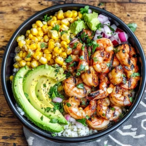 Grilled Shrimp Bowl with Avocado, Corn Salsa & Creamy Garlic Sauce