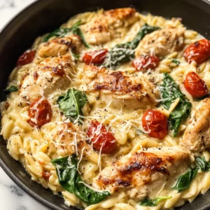 Creamy Chicken Orzo Bake, Tuscan Style (One-Pan)