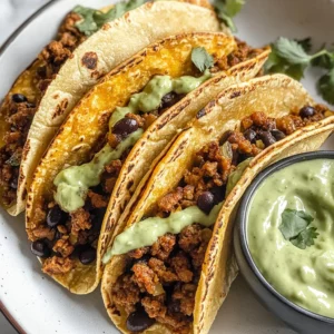 Crispy Baked Ground Turkey Tacos with Avocado Sauce