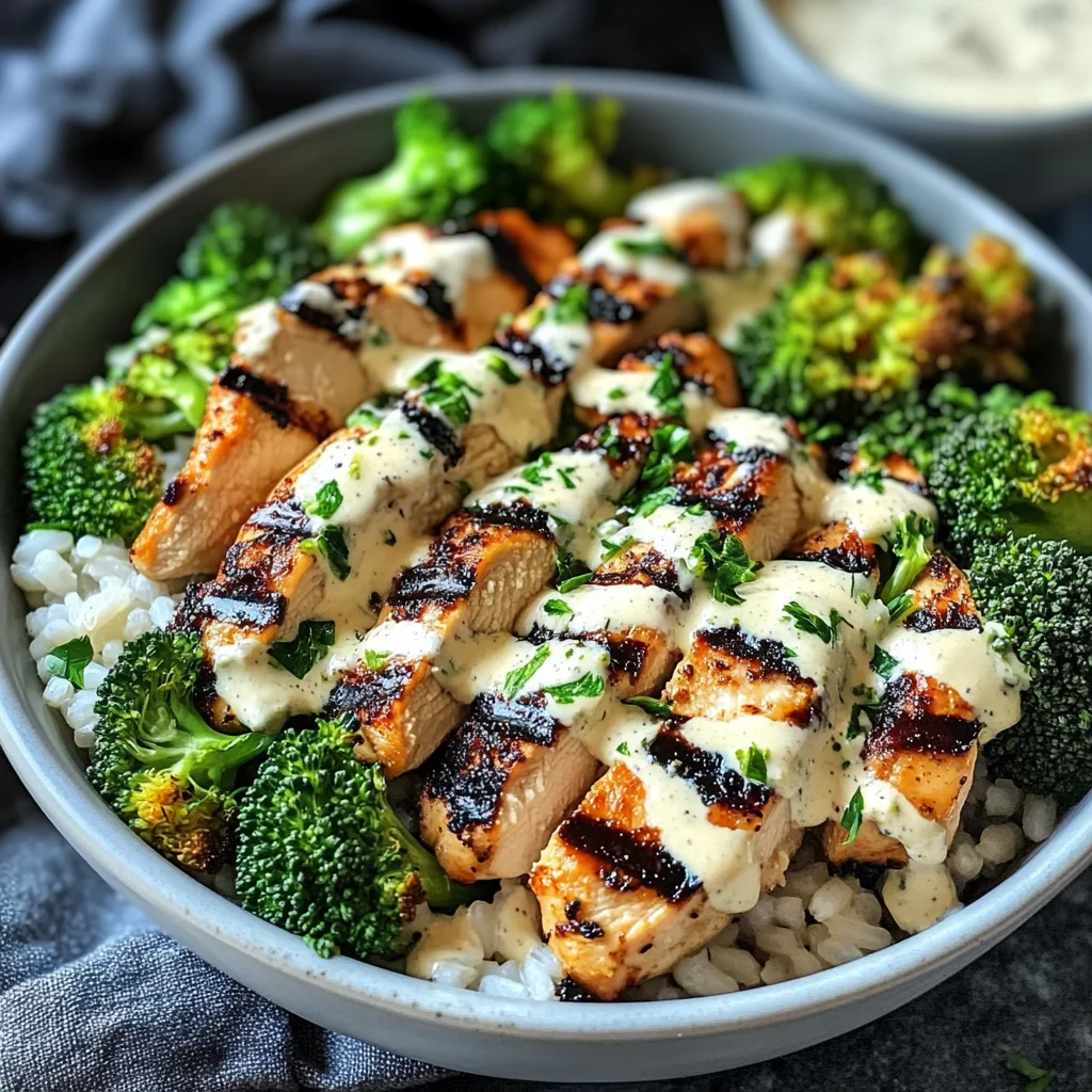 Grilled Chicken & Broccoli Bowls with Creamy Garlic Sauce