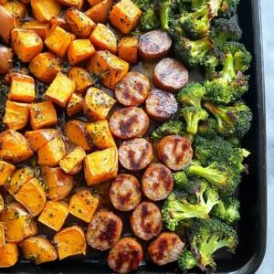 Sheet Pan Sausage and Sweet Potatoes with Honey Garlic Sauce