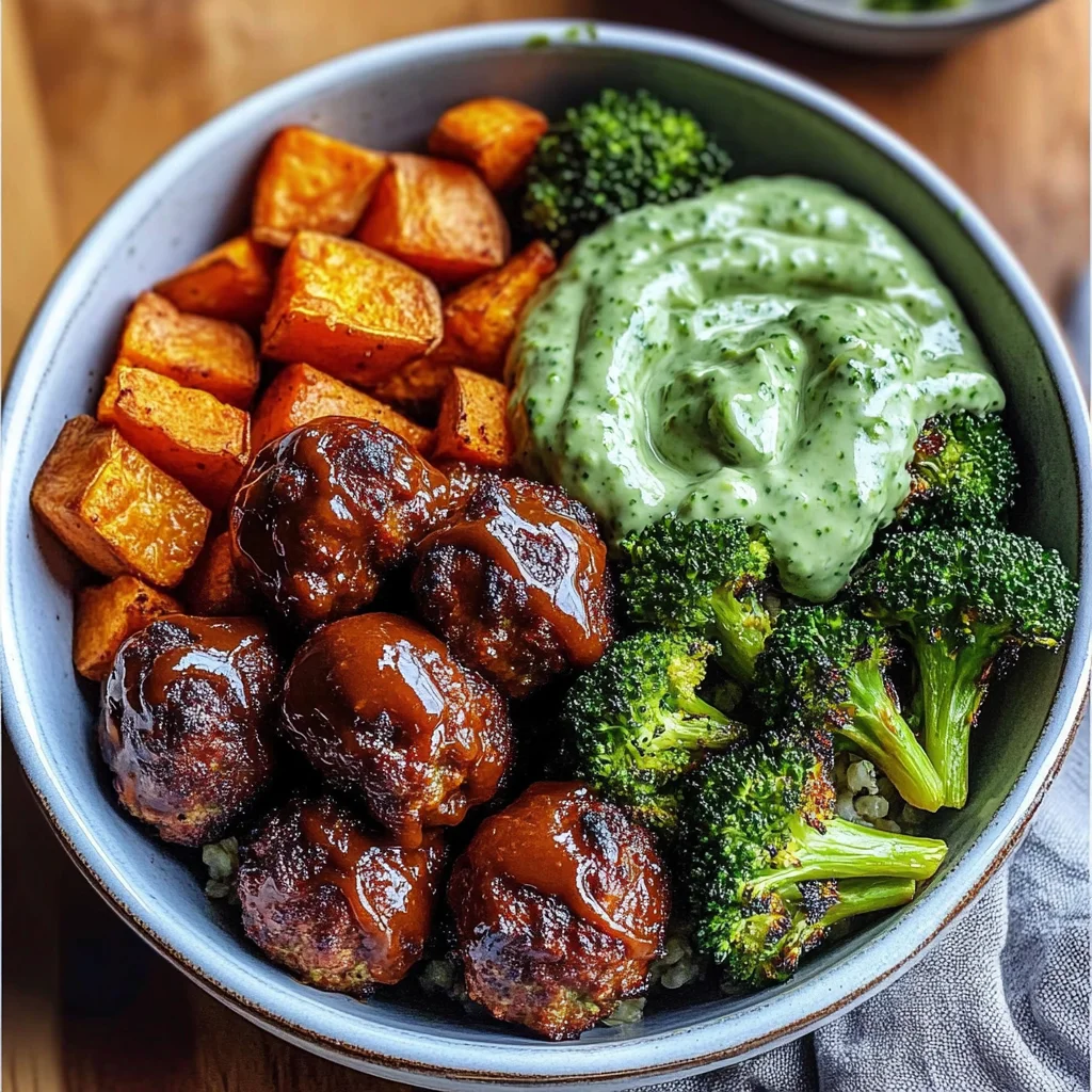 Barbecue Meatball Bowls with Avocado Goddess Sauce
