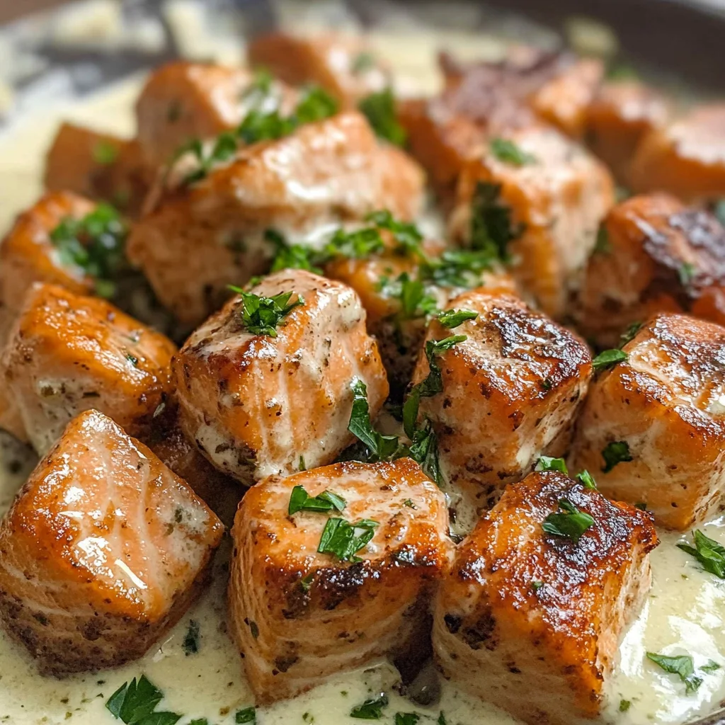 Air Fryer Salmon Bites with Garlic Cream Sauce