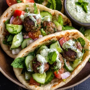 Mediterranean Meatball Stuffed Pitas with Mint Yogurt Sauce